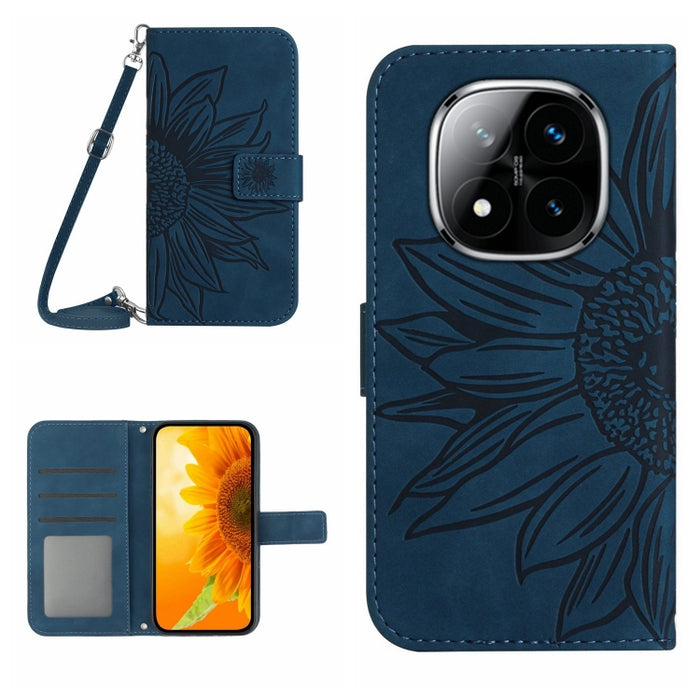 Funda de cuero con tapa para teléfono con diseño de girasol en relieve y cordón, For Redmi Note 14 4G 163.25mm, For Redmi Note 14 5G, For Redmi Note 14 Pro+ 5G, For Redmi 14C 4G