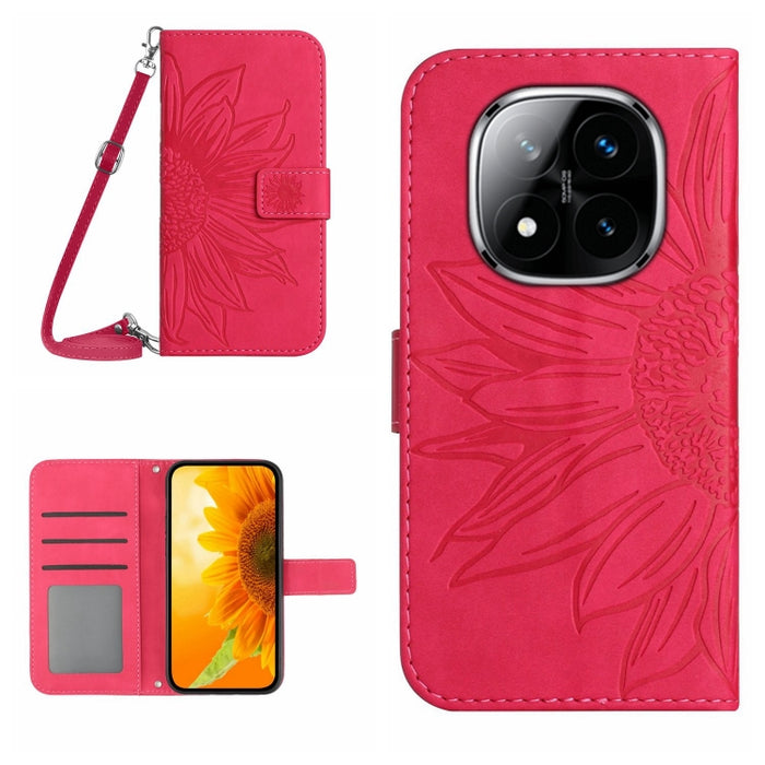 Funda de cuero con tapa para teléfono con diseño de girasol en relieve y cordón, For Redmi Note 14 4G 163.25mm, For Redmi Note 14 5G, For Redmi Note 14 Pro+ 5G, For Redmi 14C 4G