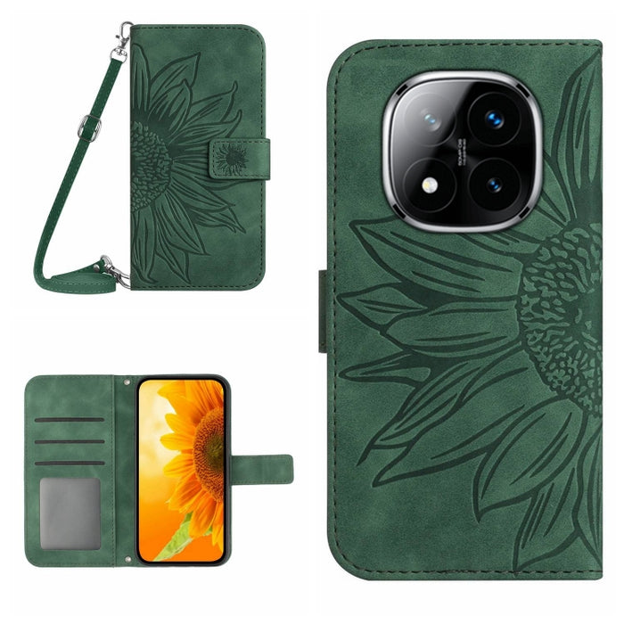Funda de cuero con tapa para teléfono con diseño de girasol en relieve y cordón, For Redmi Note 14 4G 163.25mm, For Redmi Note 14 5G, For Redmi Note 14 Pro+ 5G, For Redmi 14C 4G