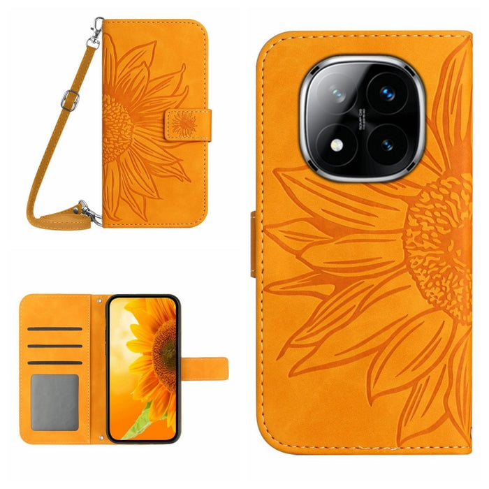 Funda de cuero con tapa para teléfono con diseño de girasol en relieve y cordón, For Redmi Note 14 4G 163.25mm, For Redmi Note 14 5G, For Redmi Note 14 Pro+ 5G, For Redmi 14C 4G