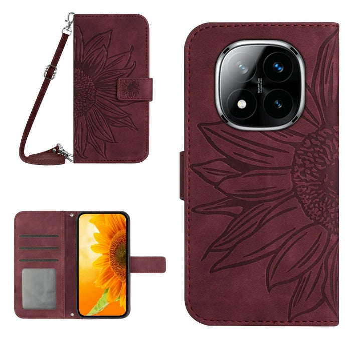 Funda de cuero con tapa para teléfono con diseño de girasol en relieve y cordón, For Redmi Note 14 4G 163.25mm, For Redmi Note 14 5G, For Redmi Note 14 Pro+ 5G, For Redmi 14C 4G