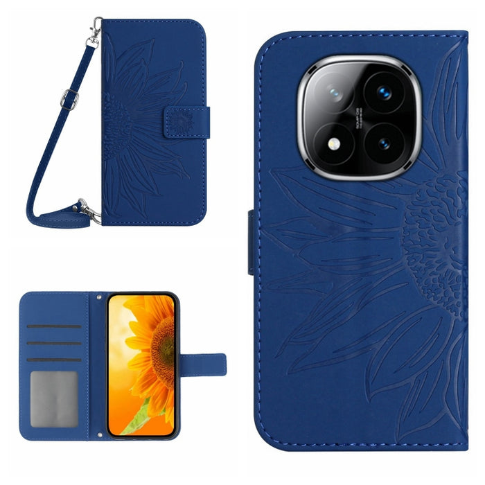 Funda de cuero con tapa para teléfono con diseño de girasol en relieve y cordón, For Redmi Note 14 4G 163.25mm, For Redmi Note 14 5G, For Redmi Note 14 Pro+ 5G, For Redmi 14C 4G