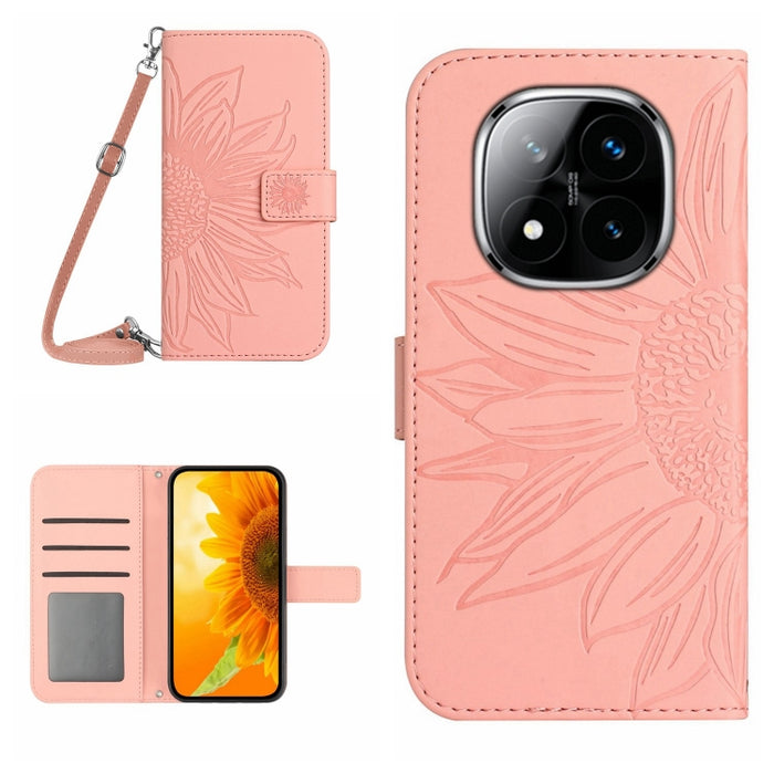 Funda de cuero con tapa para teléfono con diseño de girasol en relieve y cordón, For Redmi Note 14 4G 163.25mm, For Redmi Note 14 5G, For Redmi Note 14 Pro+ 5G, For Redmi 14C 4G