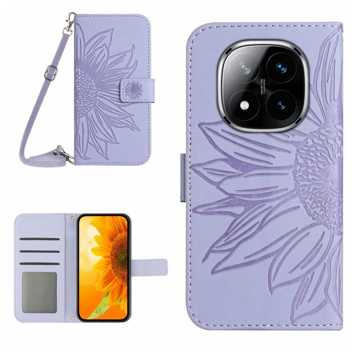 Funda de cuero con tapa para teléfono con diseño de girasol en relieve y cordón, For Redmi Note 14 4G 163.25mm, For Redmi Note 14 5G, For Redmi Note 14 Pro+ 5G, For Redmi 14C 4G