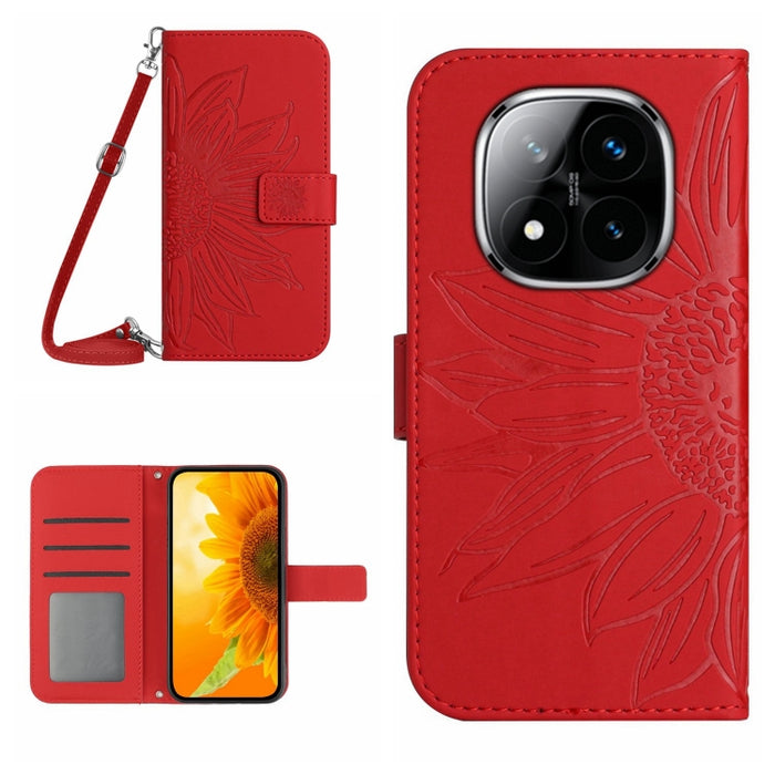Funda de cuero con tapa para teléfono con diseño de girasol en relieve y cordón, For Redmi Note 14 4G 163.25mm, For Redmi Note 14 5G, For Redmi Note 14 Pro+ 5G, For Redmi 14C 4G