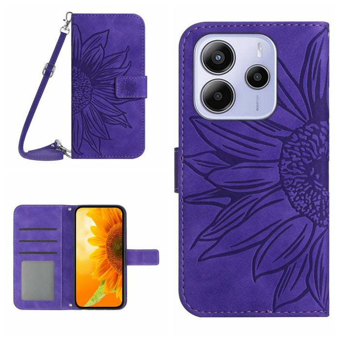 Funda de cuero con tapa para teléfono con diseño de girasol en relieve y cordón, For Redmi Note 14 4G 163.25mm, For Redmi Note 14 5G, For Redmi Note 14 Pro+ 5G, For Redmi 14C 4G