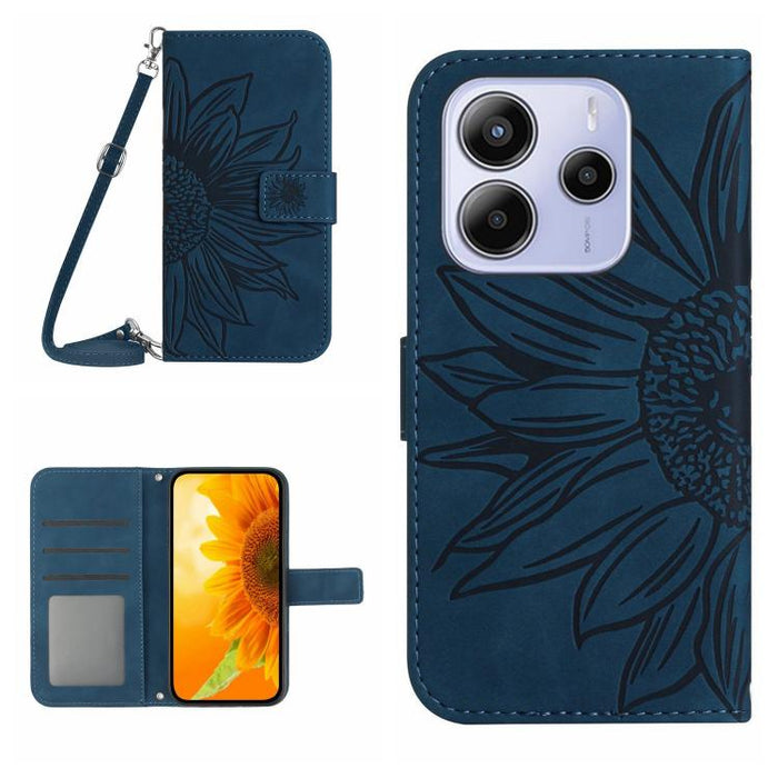 Funda de cuero con tapa para teléfono con diseño de girasol en relieve y cordón, For Redmi Note 14 4G 163.25mm, For Redmi Note 14 5G, For Redmi Note 14 Pro+ 5G, For Redmi 14C 4G