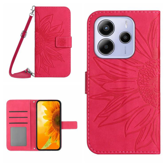 Funda de cuero con tapa para teléfono con diseño de girasol en relieve y cordón, For Redmi Note 14 4G 163.25mm, For Redmi Note 14 5G, For Redmi Note 14 Pro+ 5G, For Redmi 14C 4G
