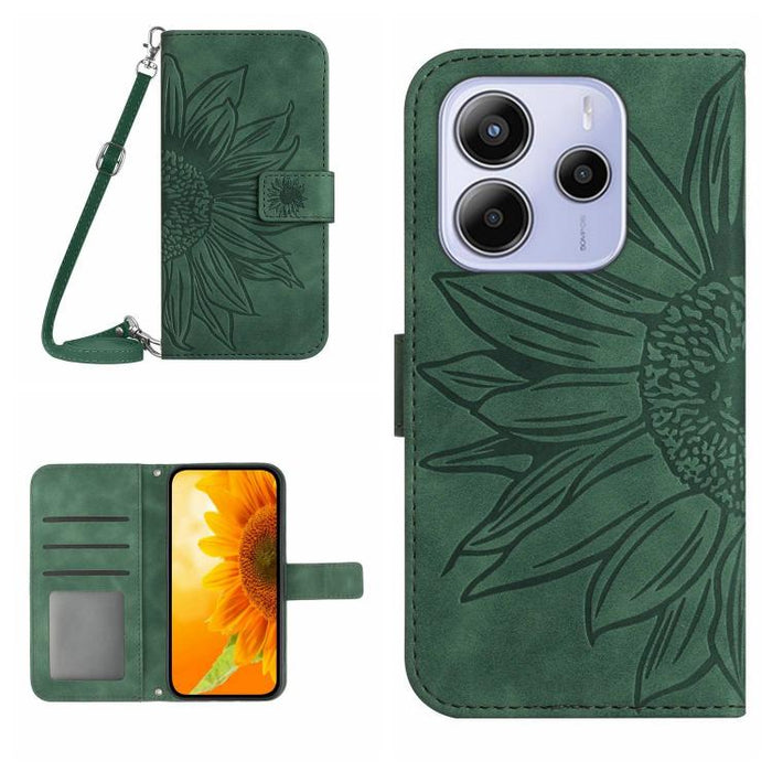 Funda de cuero con tapa para teléfono con diseño de girasol en relieve y cordón, For Redmi Note 14 4G 163.25mm, For Redmi Note 14 5G, For Redmi Note 14 Pro+ 5G, For Redmi 14C 4G