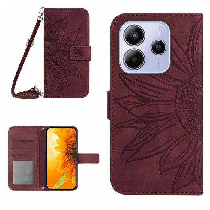 Funda de cuero con tapa para teléfono con diseño de girasol en relieve y cordón, For Redmi Note 14 4G 163.25mm, For Redmi Note 14 5G, For Redmi Note 14 Pro+ 5G, For Redmi 14C 4G
