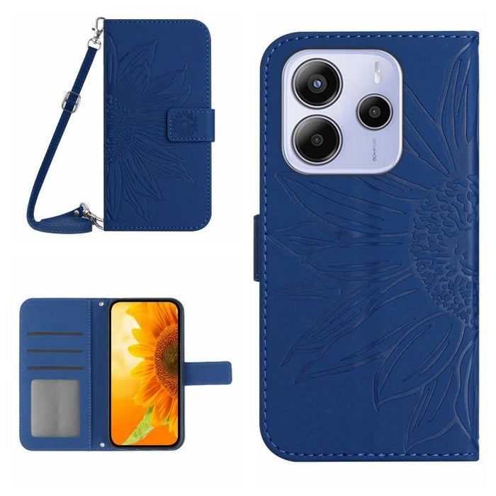 Funda de cuero con tapa para teléfono con diseño de girasol en relieve y cordón, For Redmi Note 14 4G 163.25mm, For Redmi Note 14 5G, For Redmi Note 14 Pro+ 5G, For Redmi 14C 4G