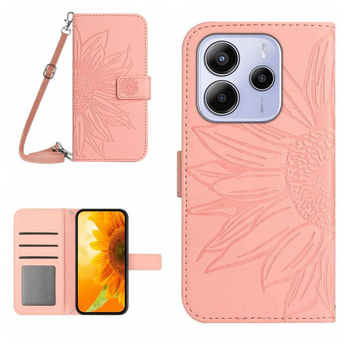 Funda de cuero con tapa para teléfono con diseño de girasol en relieve y cordón, For Redmi Note 14 4G 163.25mm, For Redmi Note 14 5G, For Redmi Note 14 Pro+ 5G, For Redmi 14C 4G