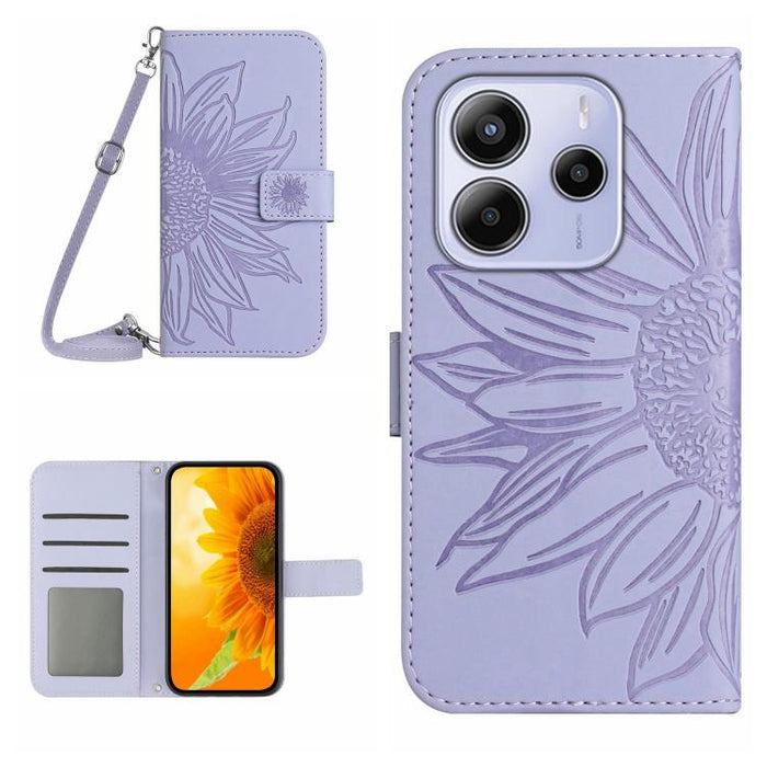 Funda de cuero con tapa para teléfono con diseño de girasol en relieve y cordón, For Redmi Note 14 4G 163.25mm, For Redmi Note 14 5G, For Redmi Note 14 Pro+ 5G, For Redmi 14C 4G