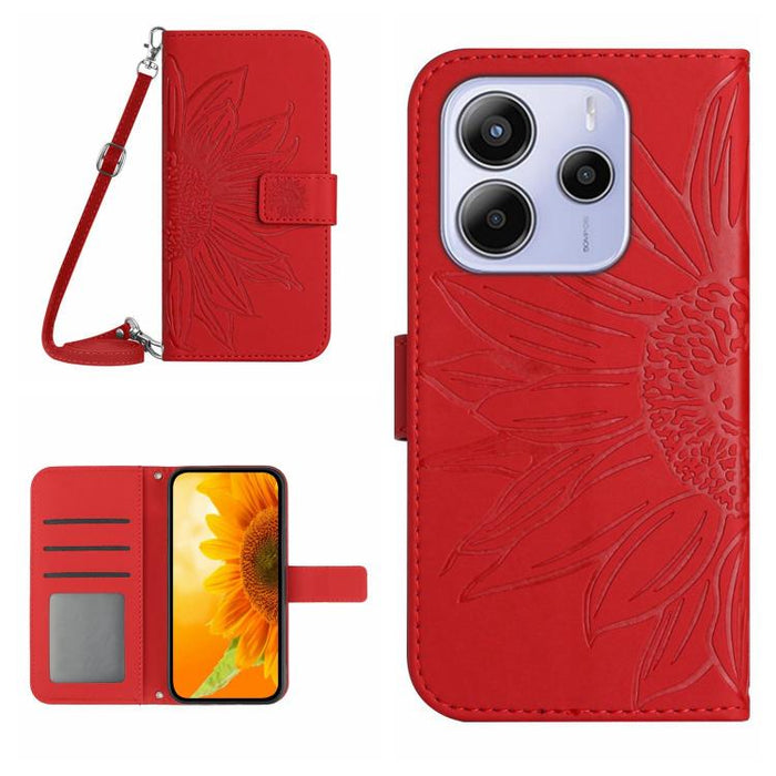 Funda de cuero con tapa para teléfono con diseño de girasol en relieve y cordón, For Redmi Note 14 4G 163.25mm, For Redmi Note 14 5G, For Redmi Note 14 Pro+ 5G, For Redmi 14C 4G