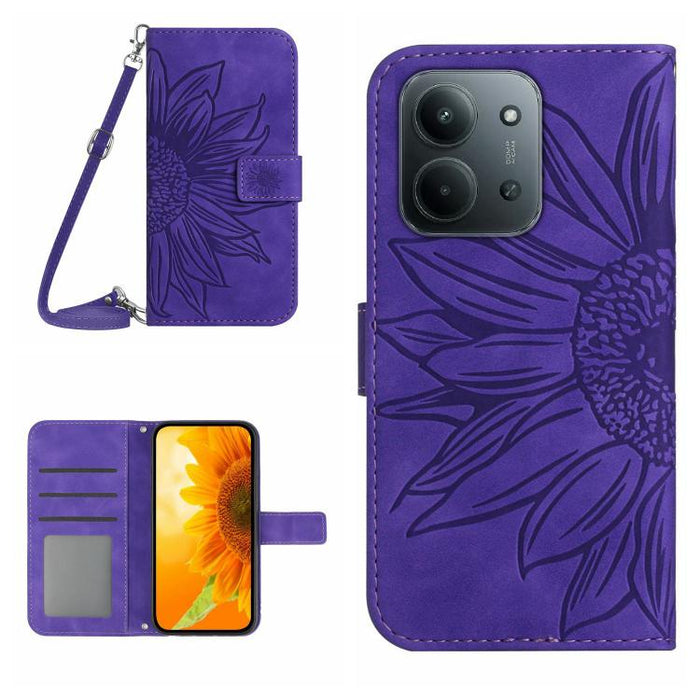 Funda de cuero con tapa para teléfono con diseño de girasol en relieve y cordón, For Redmi A7 Pro 171mm / Poco C85x 5G, For Redmi Note 15 Pro+ 5G Global 163.3mm, For Redmi Note 15 5G Global 164mm, For Redmi Note 15 Pro 4G Global 163.2mm                ...