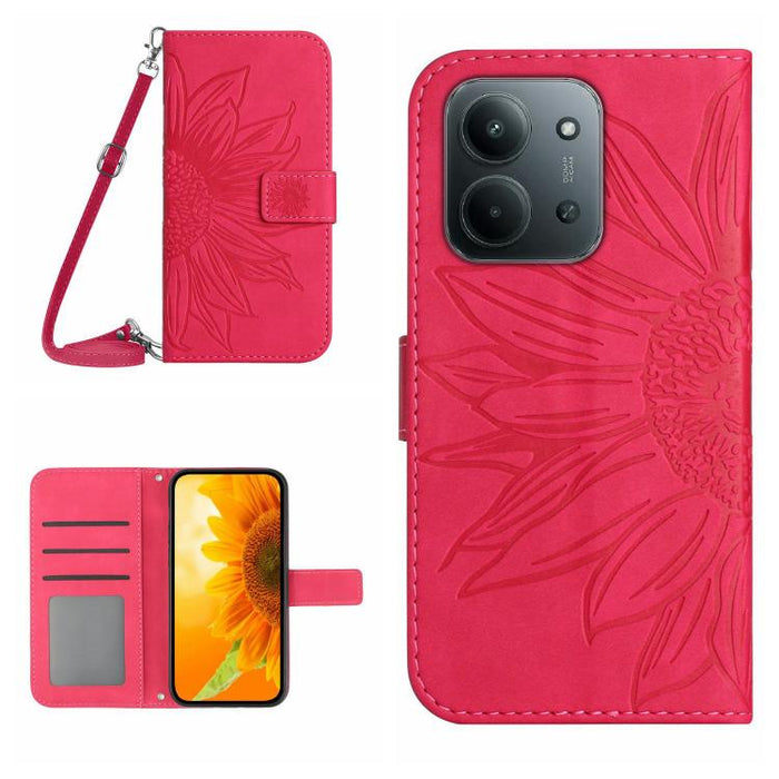 Funda de cuero con tapa para teléfono con diseño de girasol en relieve y cordón, For Redmi A7 Pro 171mm / Poco C85x 5G, For Redmi Note 15 Pro+ 5G Global 163.3mm, For Redmi Note 15 5G Global 164mm, For Redmi Note 15 Pro 4G Global 163.2mm                ...