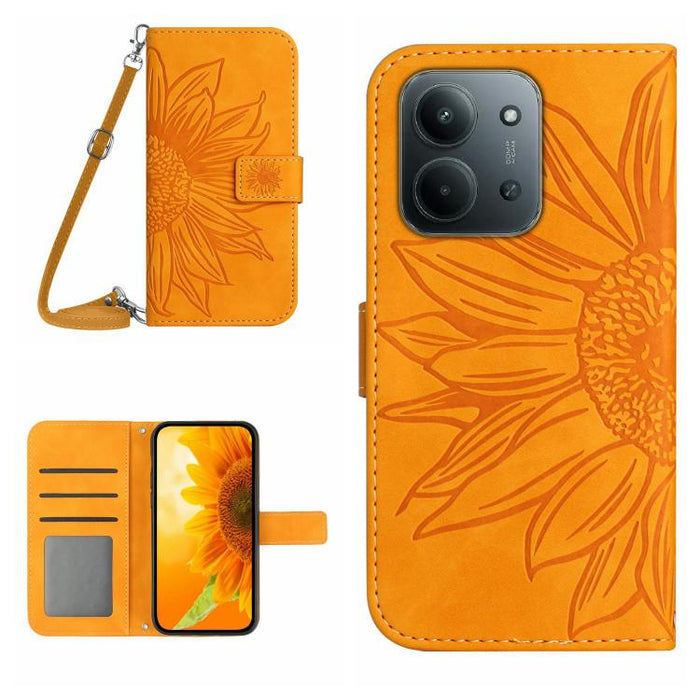 Funda de cuero con tapa para teléfono con diseño de girasol en relieve y cordón, For Redmi A7 Pro 171mm / Poco C85x 5G, For Redmi Note 15 Pro+ 5G Global 163.3mm, For Redmi Note 15 5G Global 164mm, For Redmi Note 15 Pro 4G Global 163.2mm                ...
