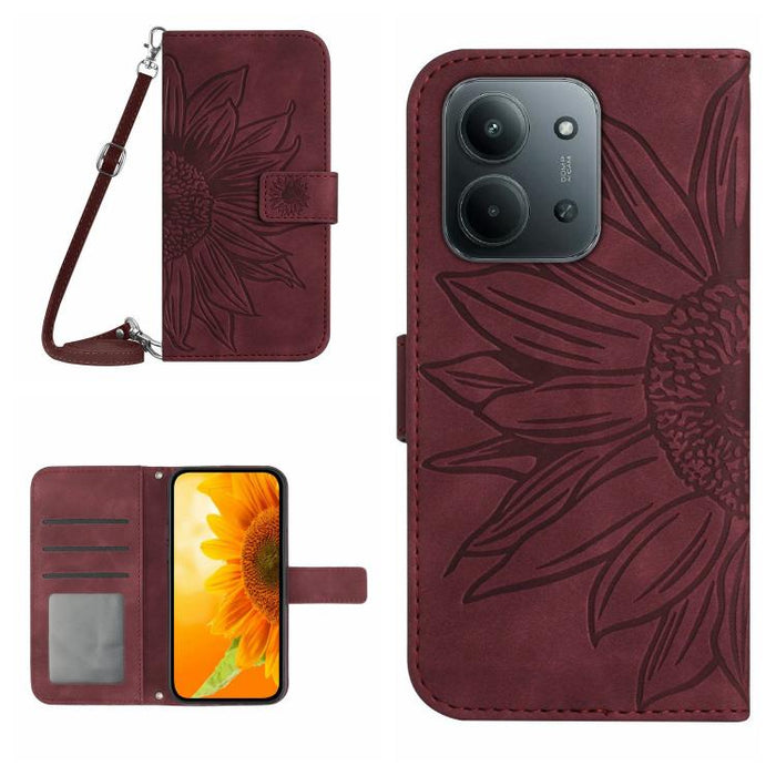 Funda de cuero con tapa para teléfono con diseño de girasol en relieve y cordón, For Redmi A7 Pro 171mm / Poco C85x 5G, For Redmi Note 15 Pro+ 5G Global 163.3mm, For Redmi Note 15 5G Global 164mm, For Redmi Note 15 Pro 4G Global 163.2mm                ...