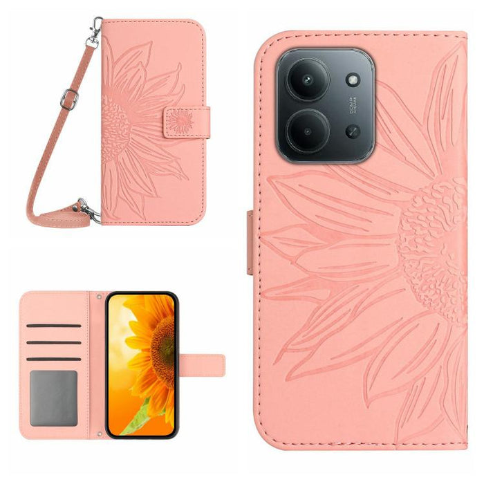 Funda de cuero con tapa para teléfono con diseño de girasol en relieve y cordón, For Redmi A7 Pro 171mm / Poco C85x 5G, For Redmi Note 15 Pro+ 5G Global 163.3mm, For Redmi Note 15 5G Global 164mm, For Redmi Note 15 Pro 4G Global 163.2mm                ...