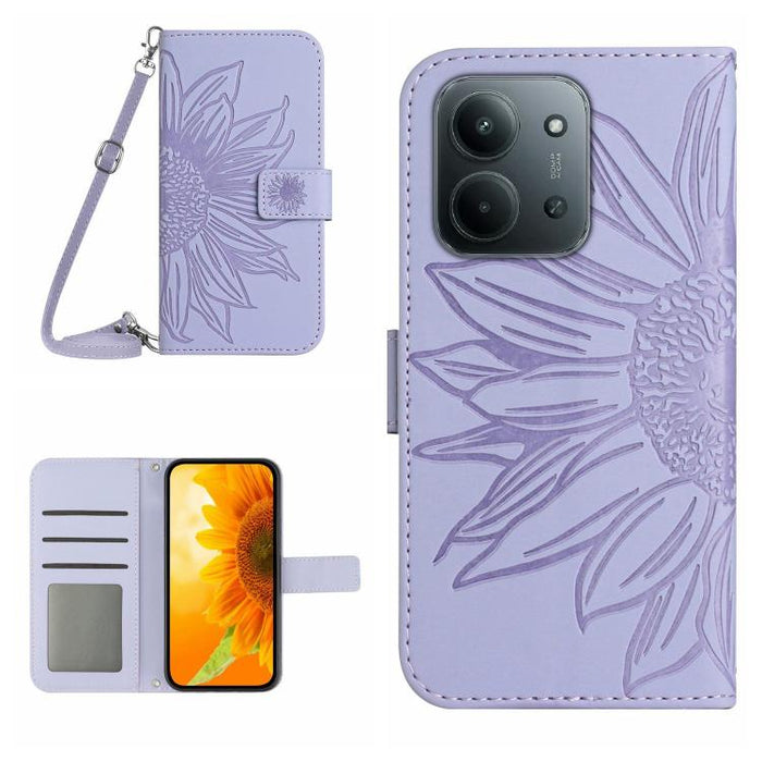 Funda de cuero con tapa para teléfono con diseño de girasol en relieve y cordón, For Redmi A7 Pro 171mm / Poco C85x 5G, For Redmi Note 15 Pro+ 5G Global 163.3mm, For Redmi Note 15 5G Global 164mm, For Redmi Note 15 Pro 4G Global 163.2mm                ...