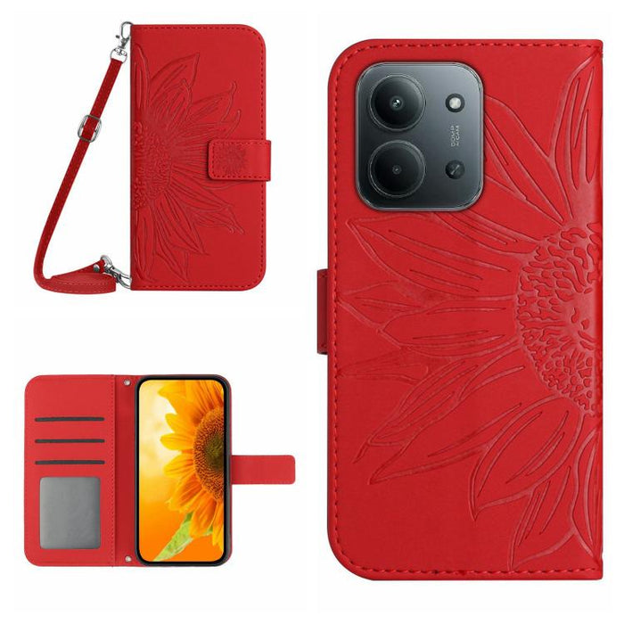 Funda de cuero con tapa para teléfono con diseño de girasol en relieve y cordón, For Redmi A7 Pro 171mm / Poco C85x 5G, For Redmi Note 15 Pro+ 5G Global 163.3mm, For Redmi Note 15 5G Global 164mm, For Redmi Note 15 Pro 4G Global 163.2mm                ...