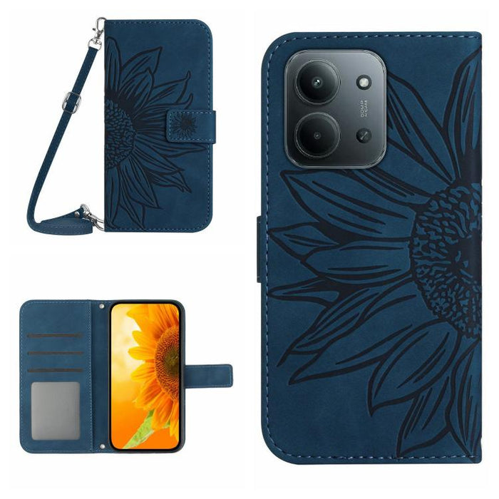 Funda de cuero con tapa para teléfono con diseño de girasol en relieve y cordón, For Redmi A7 Pro 171mm / Poco C85x 5G, For Redmi Note 15 Pro+ 5G Global 163.3mm, For Redmi Note 15 5G Global 164mm, For Redmi Note 15 Pro 4G Global 163.2mm                ...