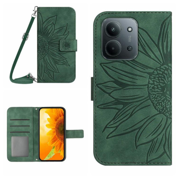 Funda de cuero con tapa para teléfono con diseño de girasol en relieve y cordón, For Redmi A7 Pro 171mm / Poco C85x 5G, For Redmi Note 15 Pro+ 5G Global 163.3mm, For Redmi Note 15 5G Global 164mm, For Redmi Note 15 Pro 4G Global 163.2mm                ...