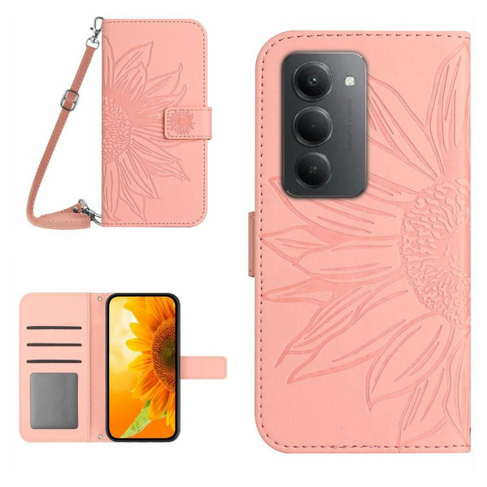 Funda de cuero con tapa para teléfono con diseño de girasol en relieve y cordón, For Redmi A7 Pro 171mm / Poco C85x 5G, For Redmi Note 15 Pro+ 5G Global 163.3mm, For Redmi Note 15 5G Global 164mm, For Redmi Note 15 Pro 4G Global 163.2mm                ...