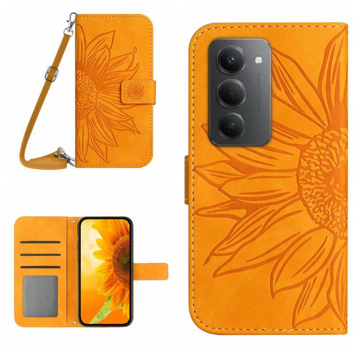 Funda de cuero con tapa para teléfono con diseño de girasol en relieve y cordón, For Redmi A7 Pro 171mm / Poco C85x 5G, For Redmi Note 15 Pro+ 5G Global 163.3mm, For Redmi Note 15 5G Global 164mm, For Redmi Note 15 Pro 4G Global 163.2mm                ...