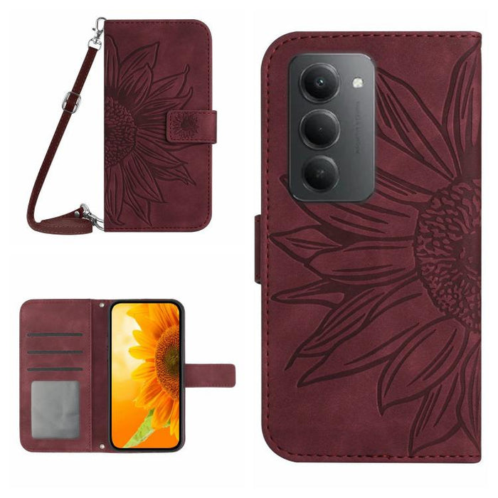 Funda de cuero con tapa para teléfono con diseño de girasol en relieve y cordón, For Redmi A7 Pro 171mm / Poco C85x 5G, For Redmi Note 15 Pro+ 5G Global 163.3mm, For Redmi Note 15 5G Global 164mm, For Redmi Note 15 Pro 4G Global 163.2mm                ...