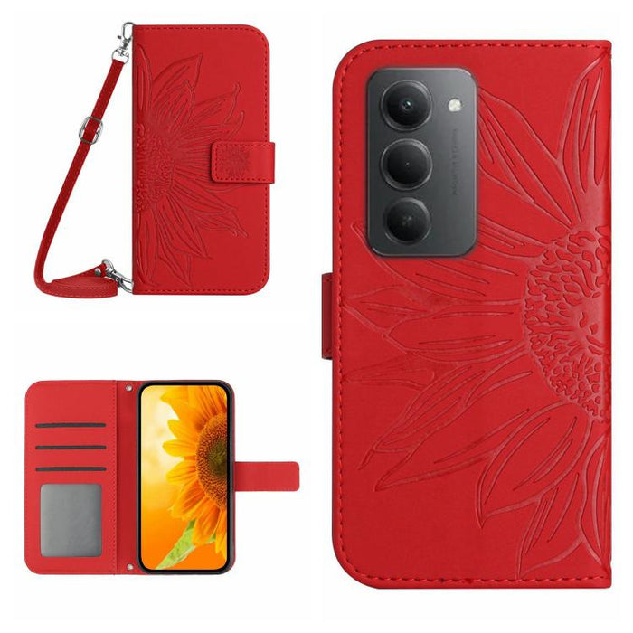 Funda de cuero con tapa para teléfono con diseño de girasol en relieve y cordón, For Redmi A7 Pro 171mm / Poco C85x 5G, For Redmi Note 15 Pro+ 5G Global 163.3mm, For Redmi Note 15 5G Global 164mm, For Redmi Note 15 Pro 4G Global 163.2mm                ...