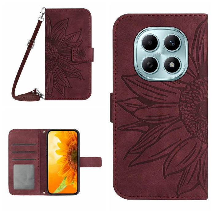Funda de cuero con tapa para teléfono con diseño de girasol en relieve y cordón, For Redmi A7 Pro 171mm / Poco C85x 5G, For Redmi Note 15 Pro+ 5G Global 163.3mm, For Redmi Note 15 5G Global 164mm, For Redmi Note 15 Pro 4G Global 163.2mm                ...