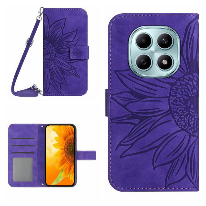 Funda de cuero con tapa para teléfono con diseño de girasol en relieve y cordón, For Redmi A7 Pro 171mm / Poco C85x 5G, For Redmi Note 15 Pro+ 5G Global 163.3mm, For Redmi Note 15 5G Global 164mm, For Redmi Note 15 Pro 4G Global 163.2mm                ...