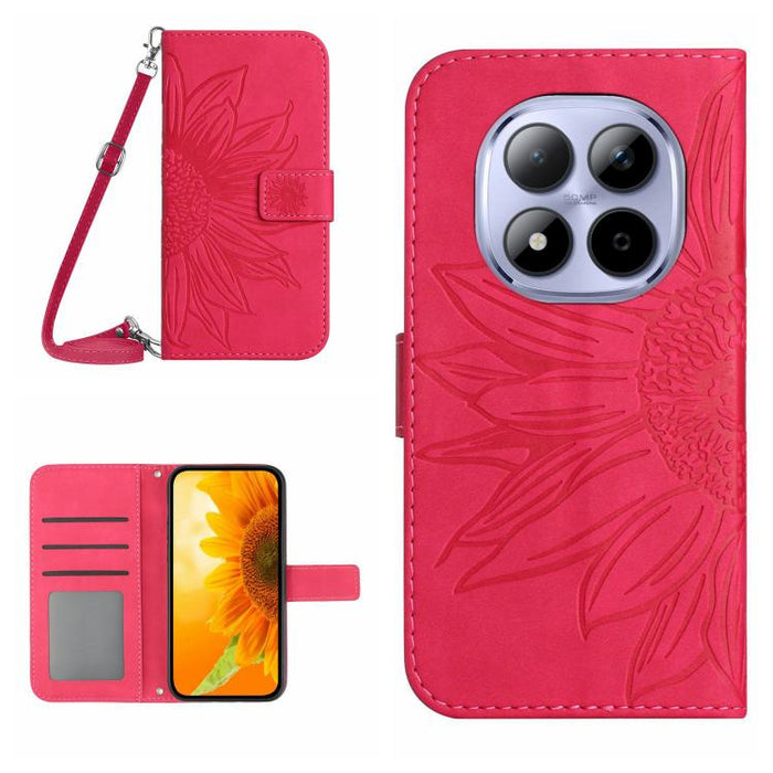 Funda de cuero con tapa para teléfono con diseño de girasol en relieve y cordón, For Redmi A7 Pro 171mm / Poco C85x 5G, For Redmi Note 15 Pro+ 5G Global 163.3mm, For Redmi Note 15 5G Global 164mm, For Redmi Note 15 Pro 4G Global 163.2mm                ...