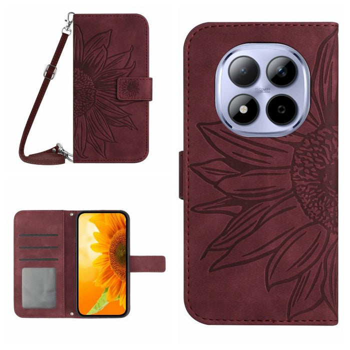 Funda de cuero con tapa para teléfono con diseño de girasol en relieve y cordón, For Redmi A7 Pro 171mm / Poco C85x 5G, For Redmi Note 15 Pro+ 5G Global 163.3mm, For Redmi Note 15 5G Global 164mm, For Redmi Note 15 Pro 4G Global 163.2mm                ...