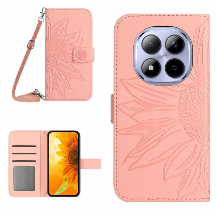 Funda de cuero con tapa para teléfono con diseño de girasol en relieve y cordón, For Redmi A7 Pro 171mm / Poco C85x 5G, For Redmi Note 15 Pro+ 5G Global 163.3mm, For Redmi Note 15 5G Global 164mm, For Redmi Note 15 Pro 4G Global 163.2mm                ...