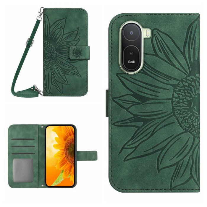 Funda de cuero con tapa para teléfono con diseño de girasol en relieve y cordón, For Redmi A7 Pro 171mm / Poco C85x 5G, For Redmi Note 15 Pro+ 5G Global 163.3mm, For Redmi Note 15 5G Global 164mm, For Redmi Note 15 Pro 4G Global 163.2mm                ...