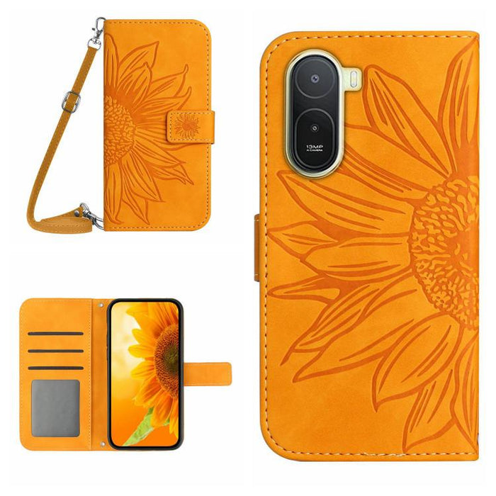 Funda de cuero con tapa para teléfono con diseño de girasol en relieve y cordón, For Redmi A7 Pro 171mm / Poco C85x 5G, For Redmi Note 15 Pro+ 5G Global 163.3mm, For Redmi Note 15 5G Global 164mm, For Redmi Note 15 Pro 4G Global 163.2mm                ...