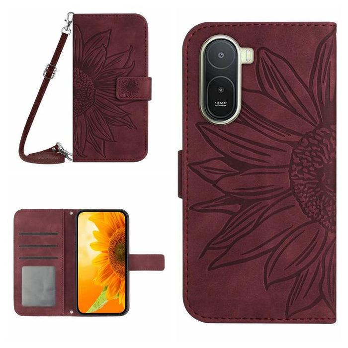 Funda de cuero con tapa para teléfono con diseño de girasol en relieve y cordón, For Redmi A7 Pro 171mm / Poco C85x 5G, For Redmi Note 15 Pro+ 5G Global 163.3mm, For Redmi Note 15 5G Global 164mm, For Redmi Note 15 Pro 4G Global 163.2mm                ...