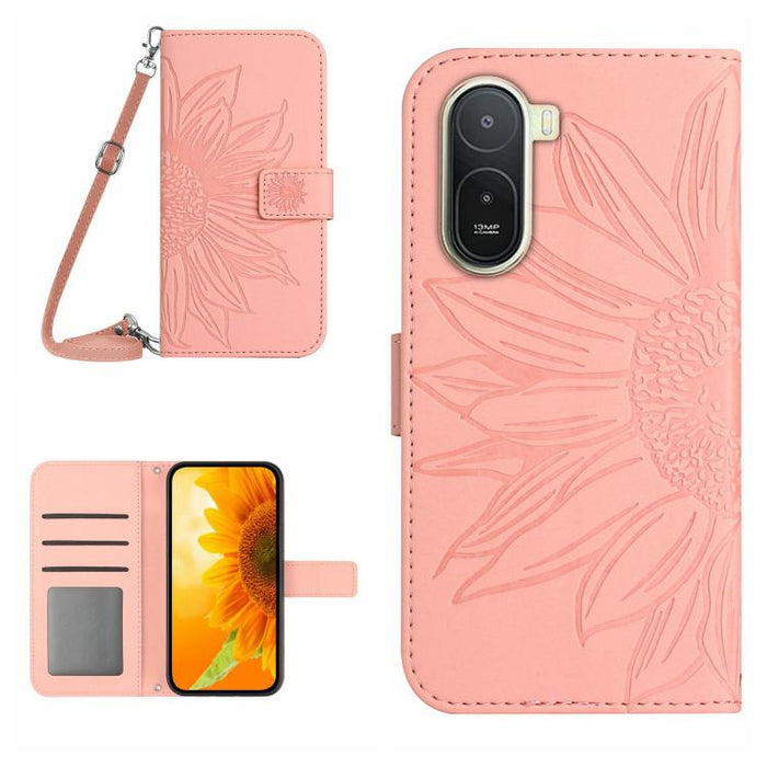 Funda de cuero con tapa para teléfono con diseño de girasol en relieve y cordón, For Redmi A7 Pro 171mm / Poco C85x 5G, For Redmi Note 15 Pro+ 5G Global 163.3mm, For Redmi Note 15 5G Global 164mm, For Redmi Note 15 Pro 4G Global 163.2mm                ...