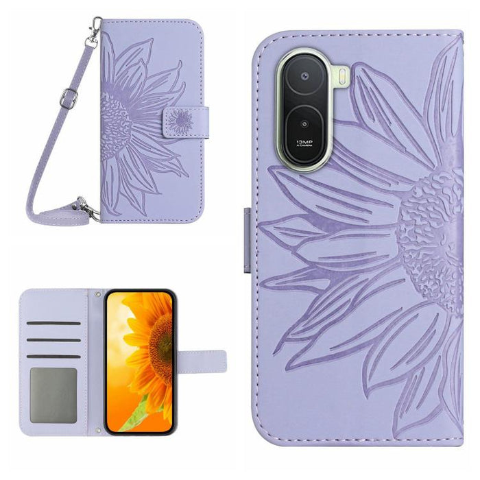 Funda de cuero con tapa para teléfono con diseño de girasol en relieve y cordón, For Redmi A7 Pro 171mm / Poco C85x 5G, For Redmi Note 15 Pro+ 5G Global 163.3mm, For Redmi Note 15 5G Global 164mm, For Redmi Note 15 Pro 4G Global 163.2mm                ...