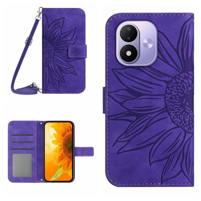 Funda de cuero con tapa para teléfono con diseño de girasol en relieve y cordón, For Redmi A7 Pro 171mm / Poco C85x 5G, For Redmi Note 15 Pro+ 5G Global 163.3mm, For Redmi Note 15 5G Global 164mm, For Redmi Note 15 Pro 4G Global 163.2mm                ...