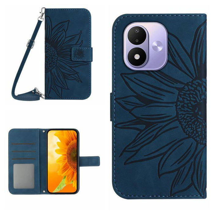 Funda de cuero con tapa para teléfono con diseño de girasol en relieve y cordón, For Redmi A7 Pro 171mm / Poco C85x 5G, For Redmi Note 15 Pro+ 5G Global 163.3mm, For Redmi Note 15 5G Global 164mm, For Redmi Note 15 Pro 4G Global 163.2mm                ...