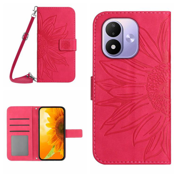 Funda de cuero con tapa para teléfono con diseño de girasol en relieve y cordón, For Redmi A7 Pro 171mm / Poco C85x 5G, For Redmi Note 15 Pro+ 5G Global 163.3mm, For Redmi Note 15 5G Global 164mm, For Redmi Note 15 Pro 4G Global 163.2mm                ...