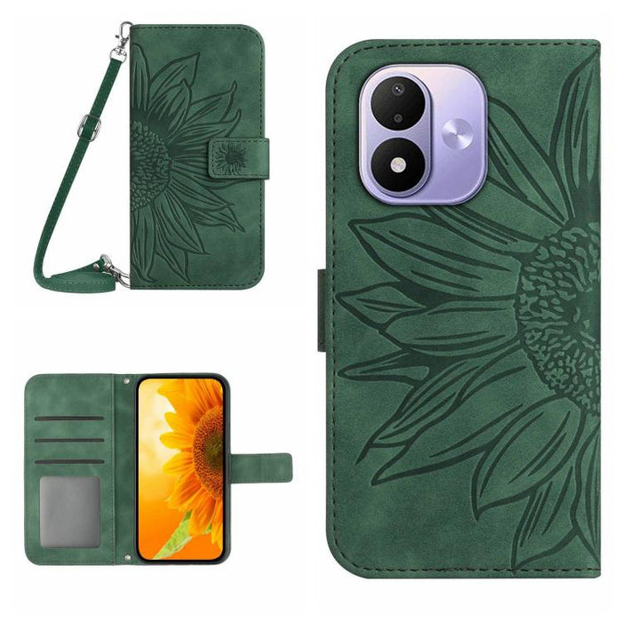 Funda de cuero con tapa para teléfono con diseño de girasol en relieve y cordón, For Redmi A7 Pro 171mm / Poco C85x 5G, For Redmi Note 15 Pro+ 5G Global 163.3mm, For Redmi Note 15 5G Global 164mm, For Redmi Note 15 Pro 4G Global 163.2mm                ...