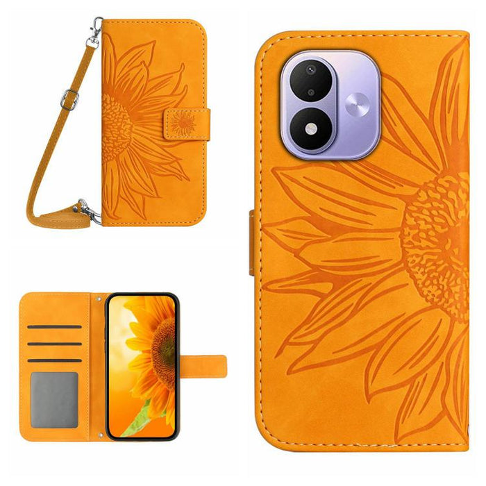 Funda de cuero con tapa para teléfono con diseño de girasol en relieve y cordón, For Redmi A7 Pro 171mm / Poco C85x 5G, For Redmi Note 15 Pro+ 5G Global 163.3mm, For Redmi Note 15 5G Global 164mm, For Redmi Note 15 Pro 4G Global 163.2mm                ...