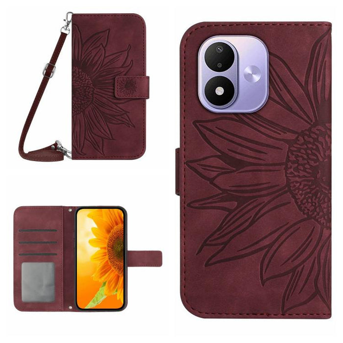Funda de cuero con tapa para teléfono con diseño de girasol en relieve y cordón, For Redmi A7 Pro 171mm / Poco C85x 5G, For Redmi Note 15 Pro+ 5G Global 163.3mm, For Redmi Note 15 5G Global 164mm, For Redmi Note 15 Pro 4G Global 163.2mm                ...
