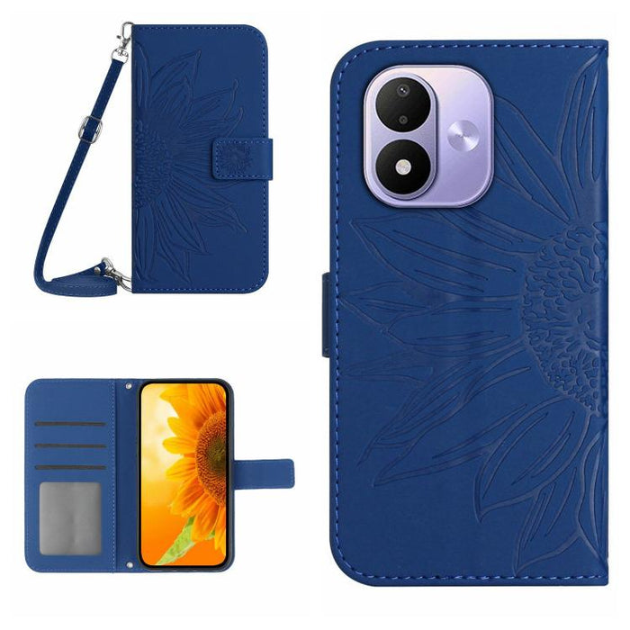 Funda de cuero con tapa para teléfono con diseño de girasol en relieve y cordón, For Redmi A7 Pro 171mm / Poco C85x 5G, For Redmi Note 15 Pro+ 5G Global 163.3mm, For Redmi Note 15 5G Global 164mm, For Redmi Note 15 Pro 4G Global 163.2mm                ...