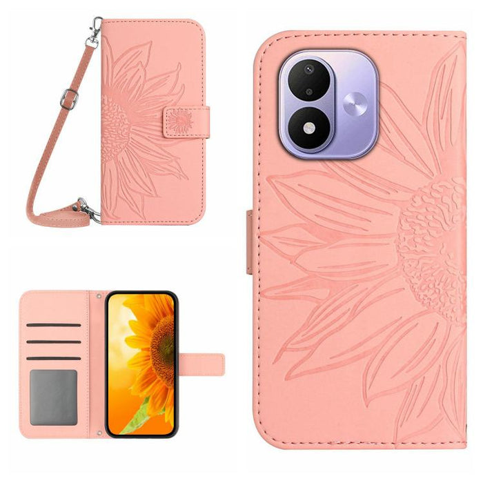 Funda de cuero con tapa para teléfono con diseño de girasol en relieve y cordón, For Redmi A7 Pro 171mm / Poco C85x 5G, For Redmi Note 15 Pro+ 5G Global 163.3mm, For Redmi Note 15 5G Global 164mm, For Redmi Note 15 Pro 4G Global 163.2mm                ...