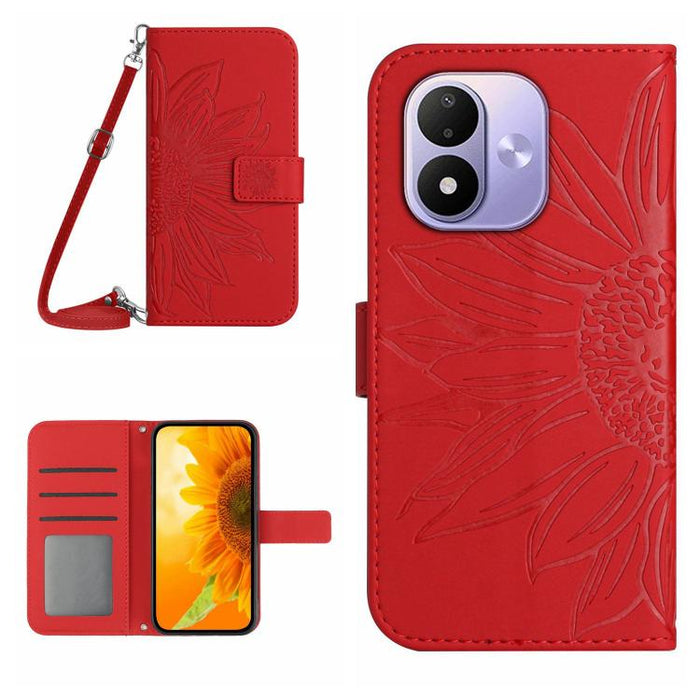 Funda de cuero con tapa para teléfono con diseño de girasol en relieve y cordón, For Redmi A7 Pro 171mm / Poco C85x 5G, For Redmi Note 15 Pro+ 5G Global 163.3mm, For Redmi Note 15 5G Global 164mm, For Redmi Note 15 Pro 4G Global 163.2mm                ...